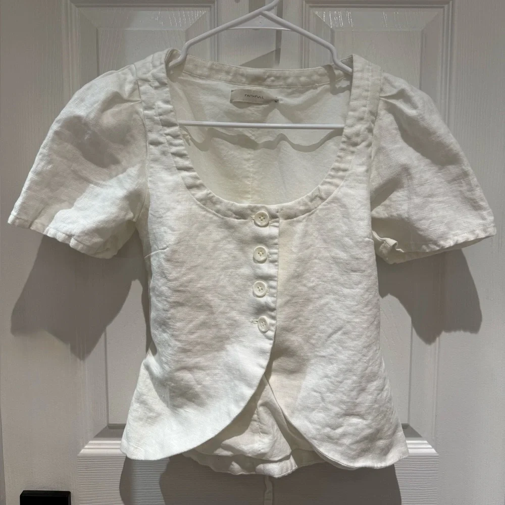 Faithfull the Brand White Linen Scoop-Neck Button Front Blouse
